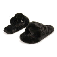 HUNTER Women's Faux Fur Flatform Crossover Slides in black - women's shoe - view 4