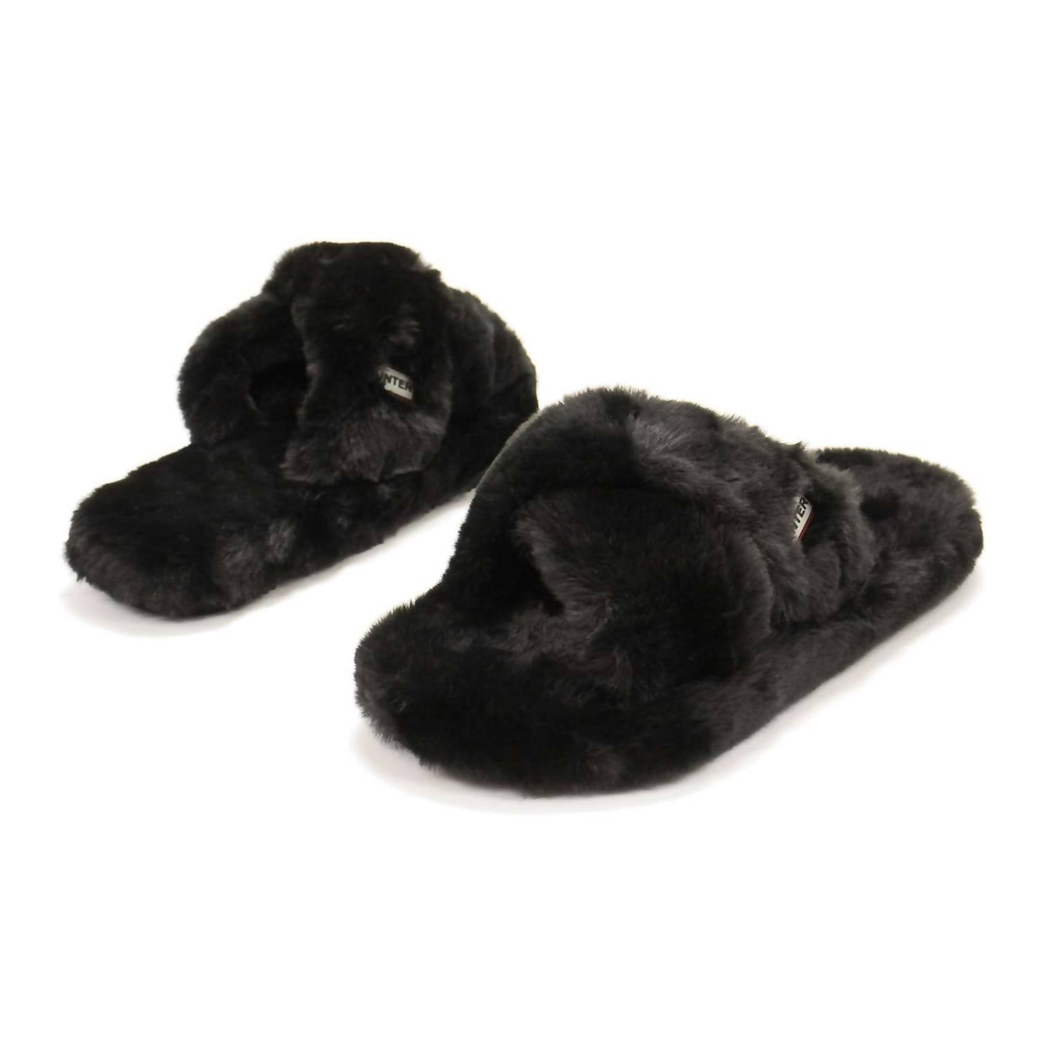 HUNTER Women's Faux Fur Flatform Crossover Slides in black - women's shoe - view 4