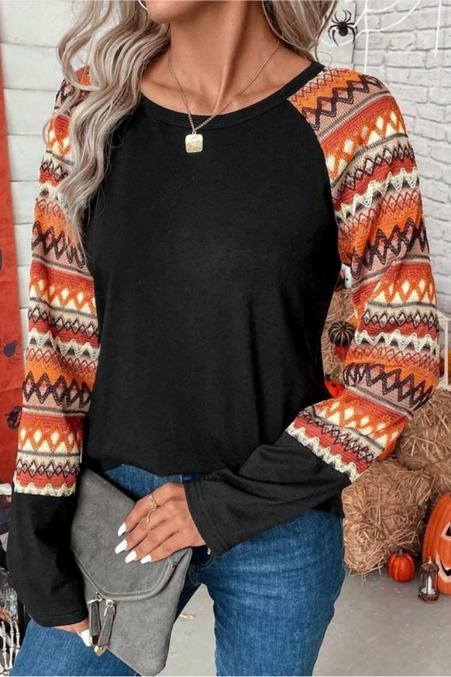 Lovesoft - Print Raglan Patchwork Long Sleeve Top