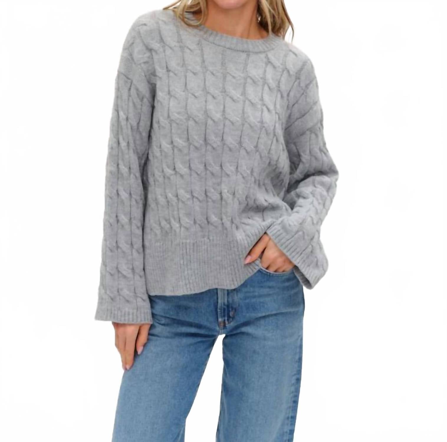 SIX/FIFTY Cable Knit Side Slit Sweater Top in heather grey - women's sweater