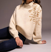 Tribal - Sequin Floral Applique Mock Neck Sweater
