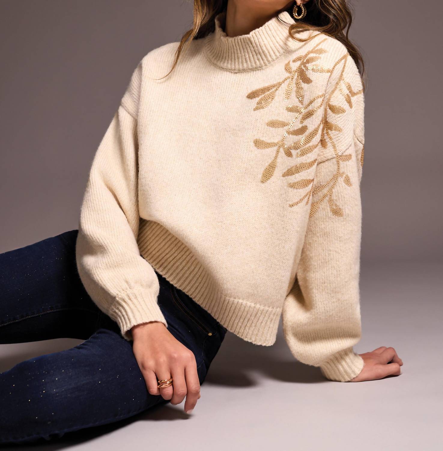 Tribal - Sequin Floral Applique Mock Neck Sweater