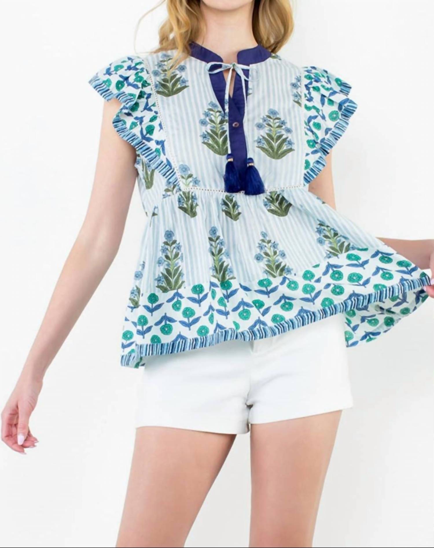 Thml - Got The Blues Flutter Sleeve Floral Tassel Tie Top