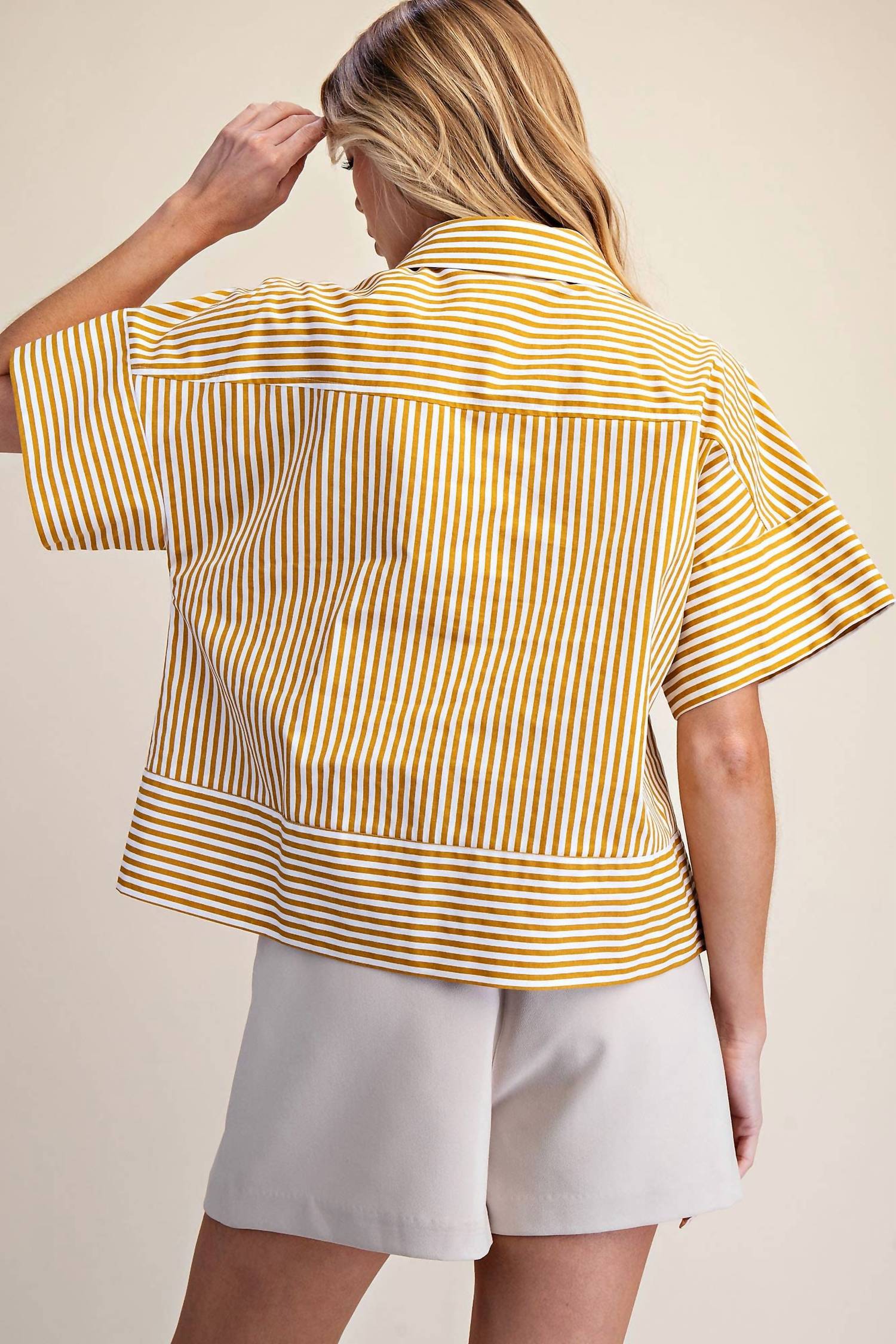 Glam - Neck Band Short Sleeve Button Down Top