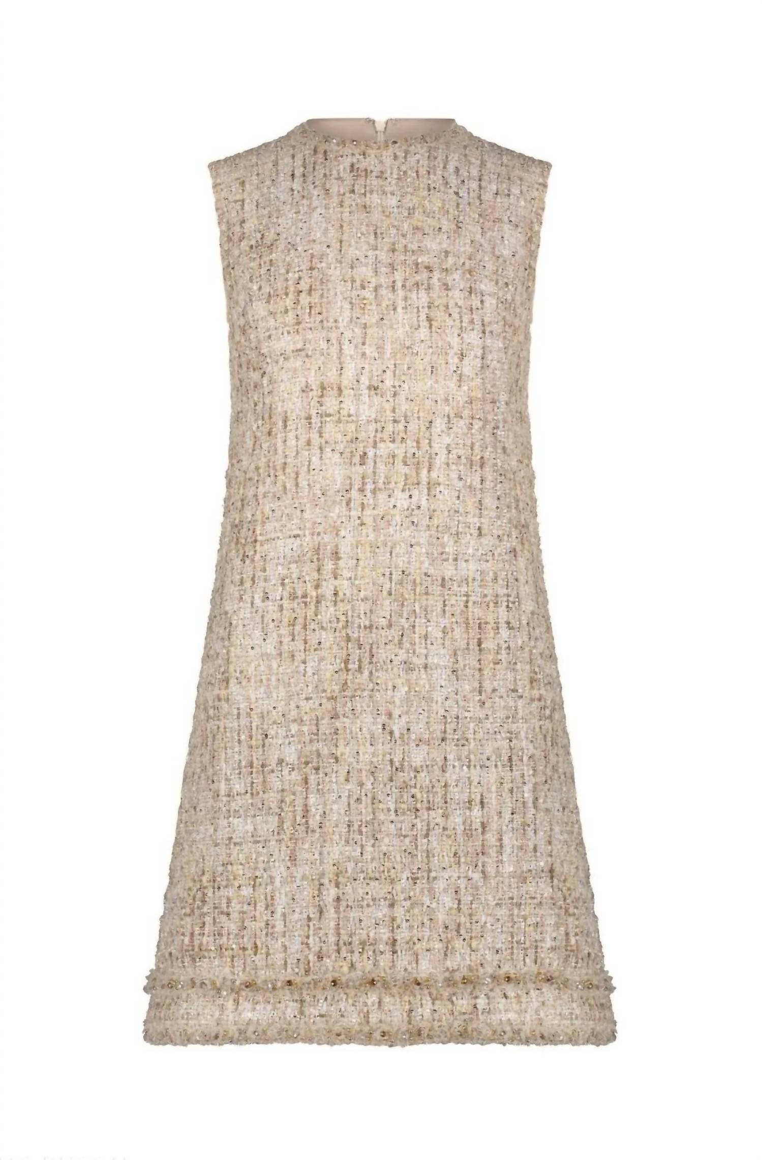 Mac Duggal - Beaded Trim A-line Mini Shift Tweed Dress