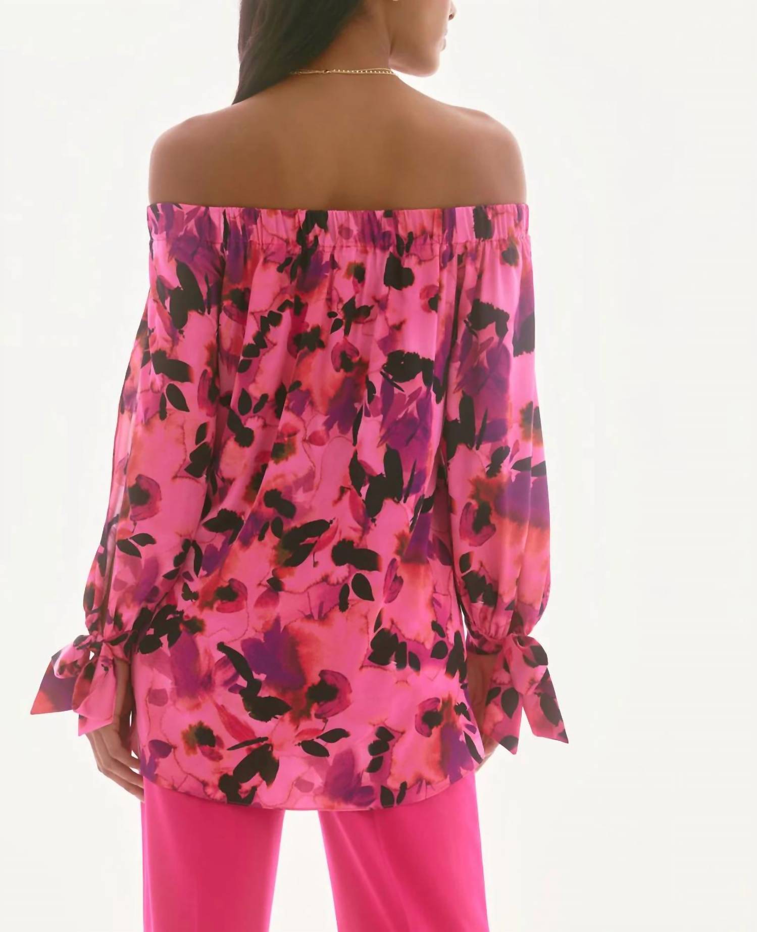 Joseph Ribkoff - Floral Print Satin Off-shoulder Boxy Top