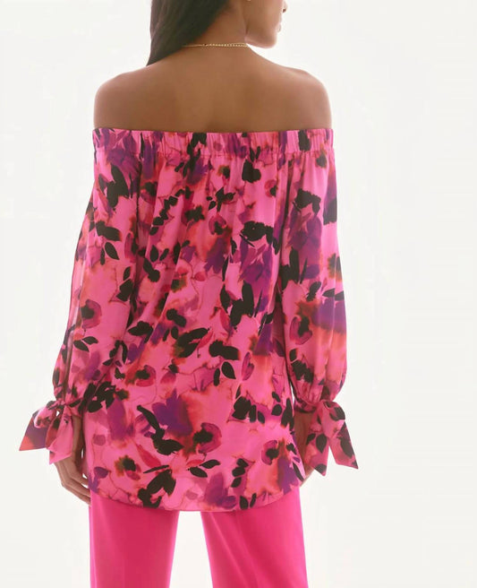 Joseph Ribkoff - Floral Print Satin Off-shoulder Boxy Top