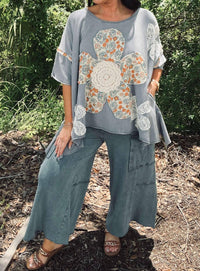 Blue Velvet - Lace Flower Patchwork Oversized Top