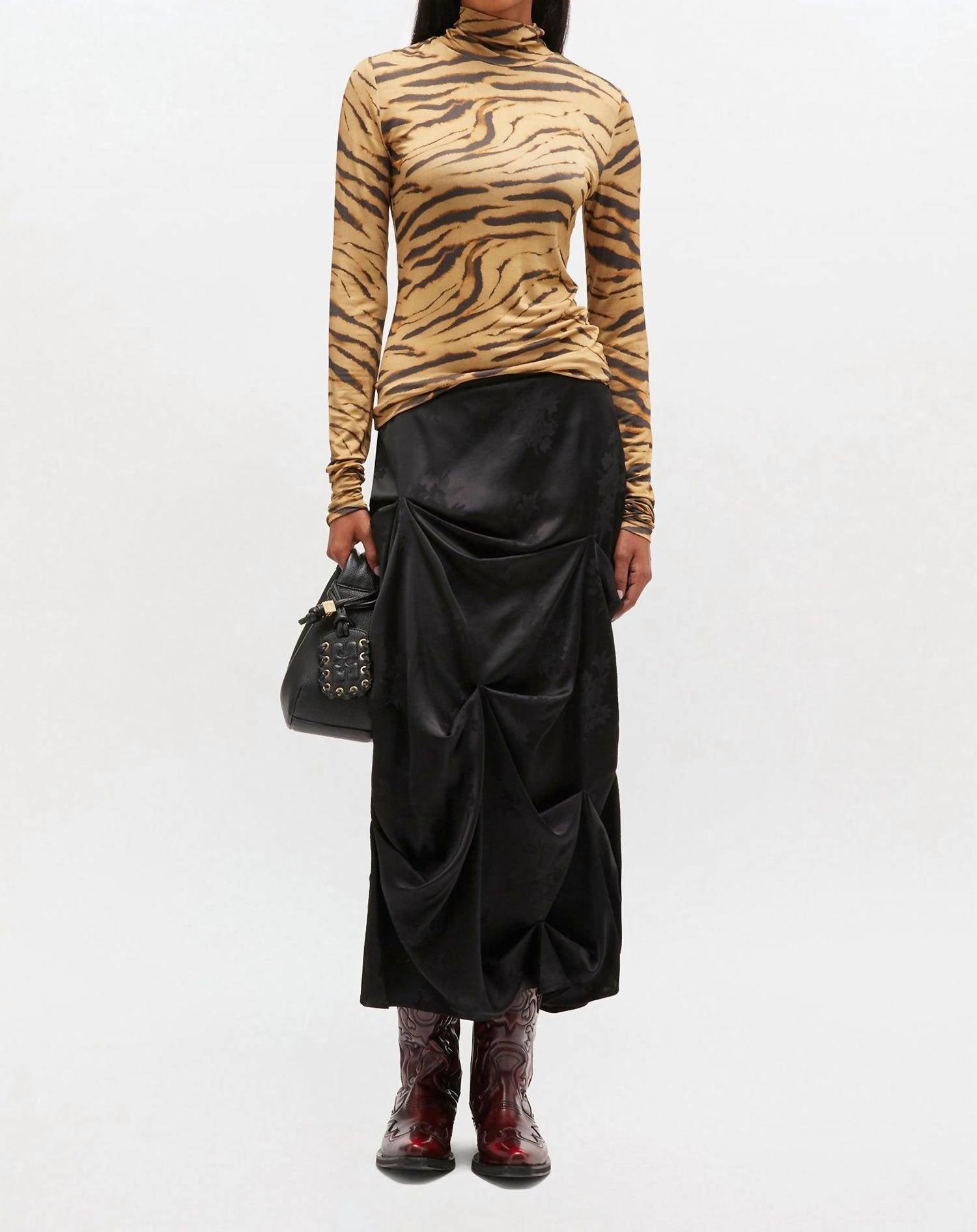 Ganni - Printed Shiny Jersey Turtleneck Top