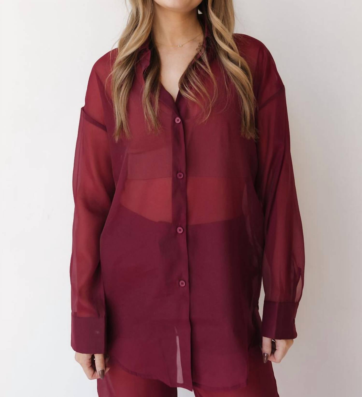 Mimosa Sheer Elegance Top in burgundy wine - women's long sleeve top