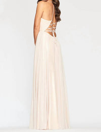 FAVIANA Glitter Chiffon V-Neck Dress in champagne - women's dress - detail view