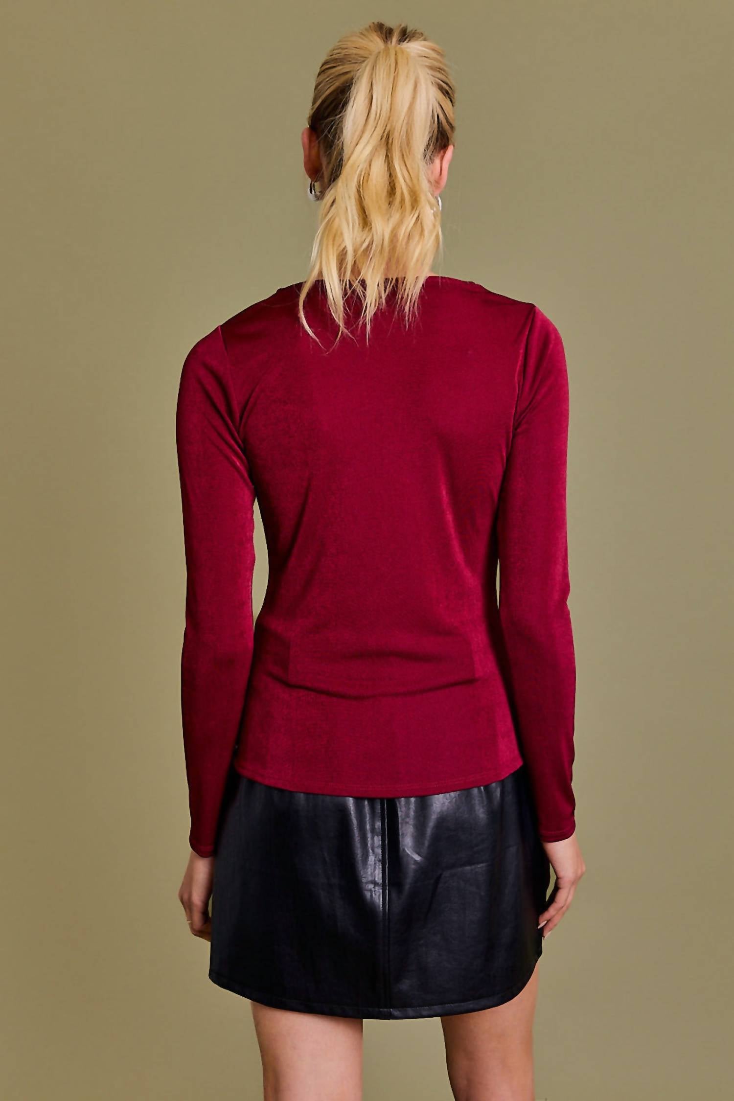 GILLI Scarlette Cowl Neck Top in burgundy - women's long sleeve top - view 5