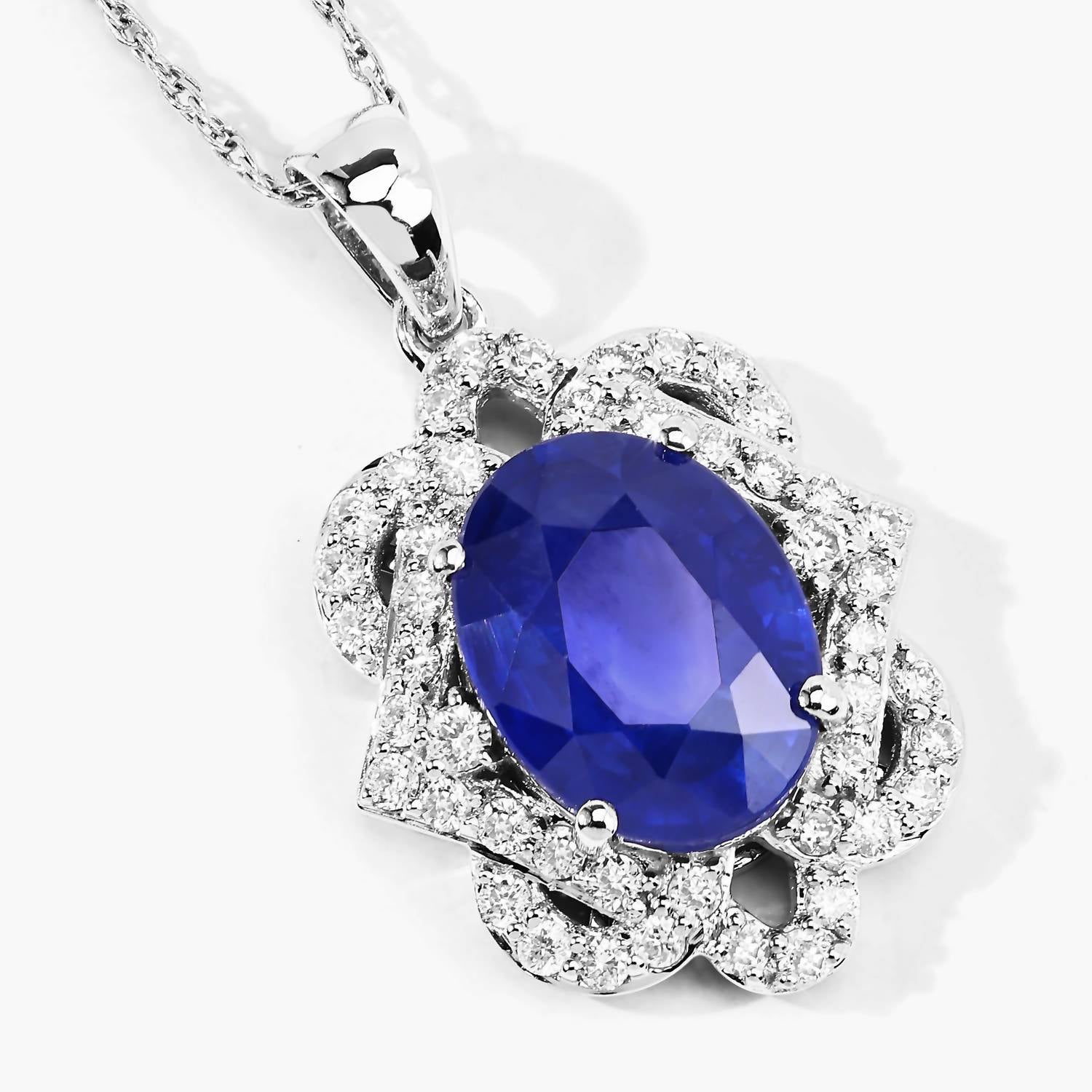 Diana M Jewels Women's Oval Natural Ceylon Blue Sapphire Pendant Necklace (3.16 Ct) - Signature Plus in 18k white gold - women's jewelry - detail view