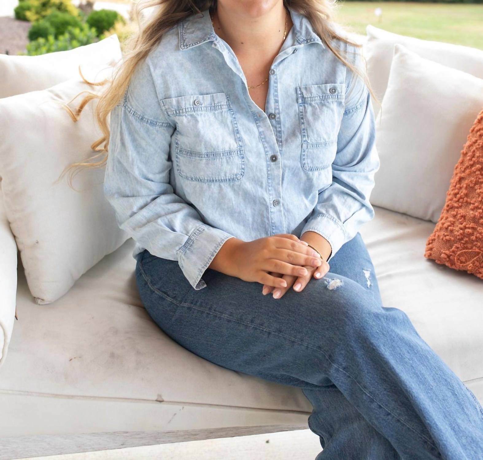 New In Oversized Denim Top in casual chambray oversized denim in blue - women's shirt