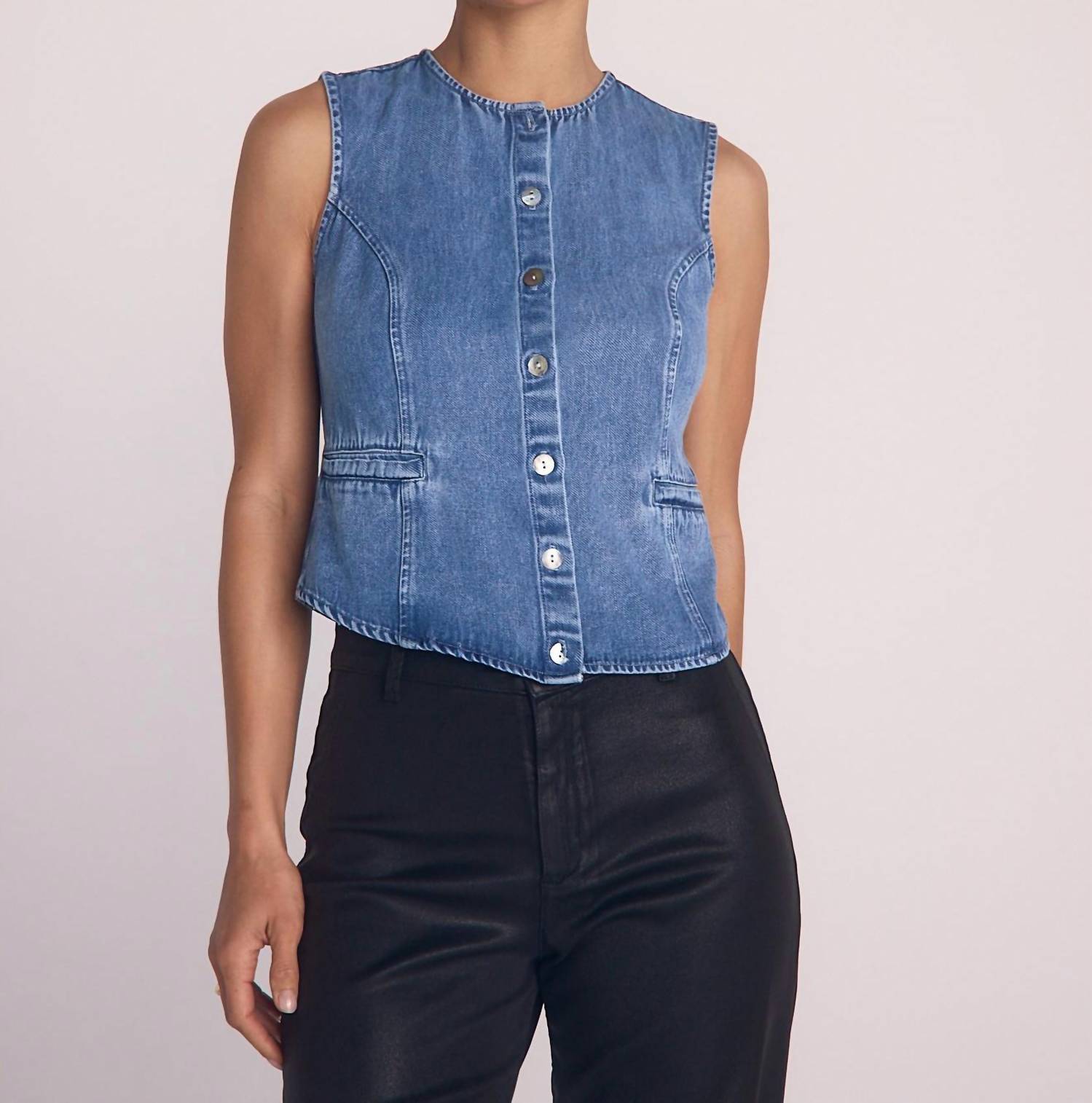 Bella Dahl High Neck Fitted Vest in medium vintage wash - women's jacket