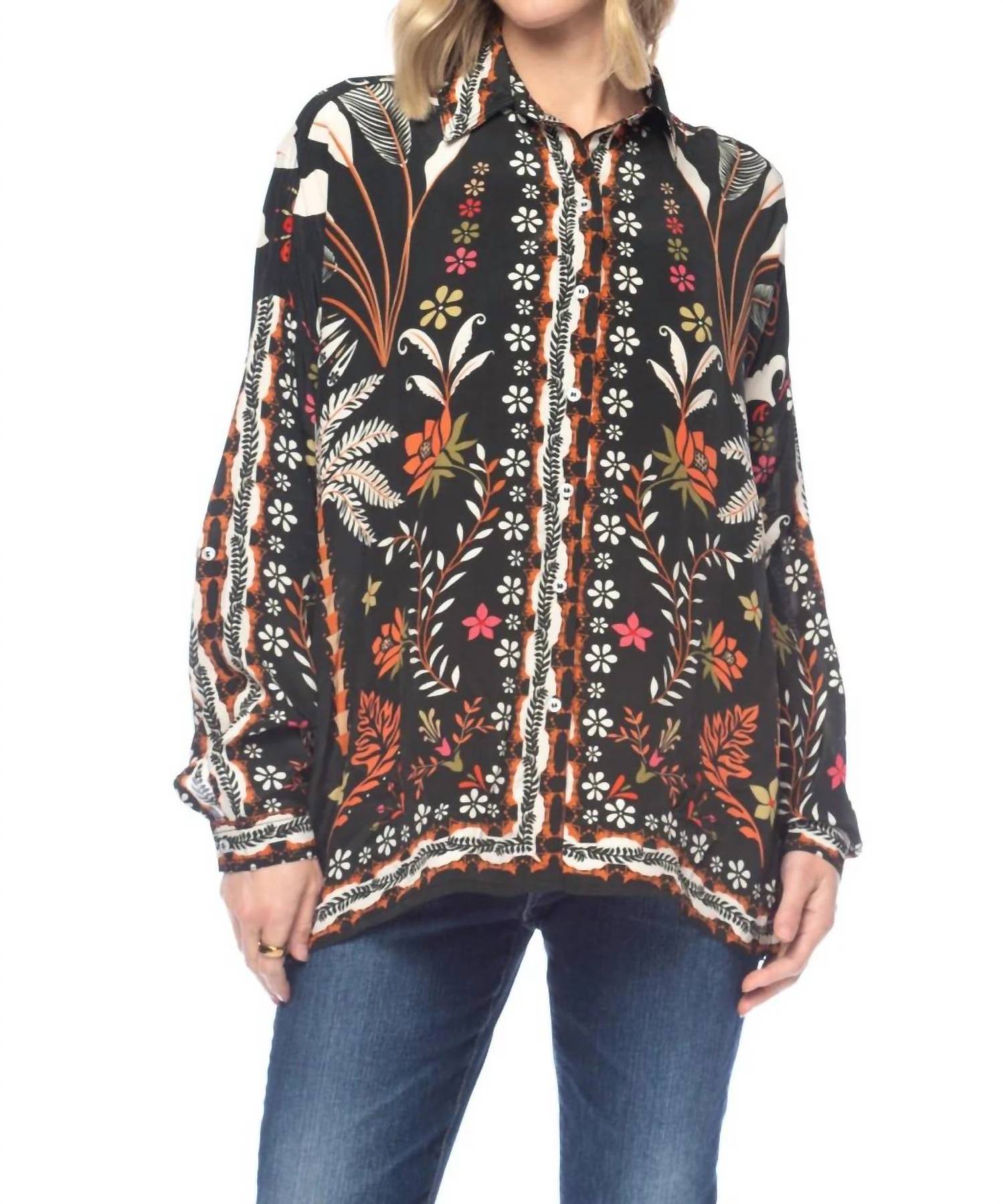 Tolani Kennedy Palm Tree Shirt in black - women's long sleeve top