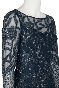 Adrianna Papell - Boat Neck Long Sleeve Mesh Dress