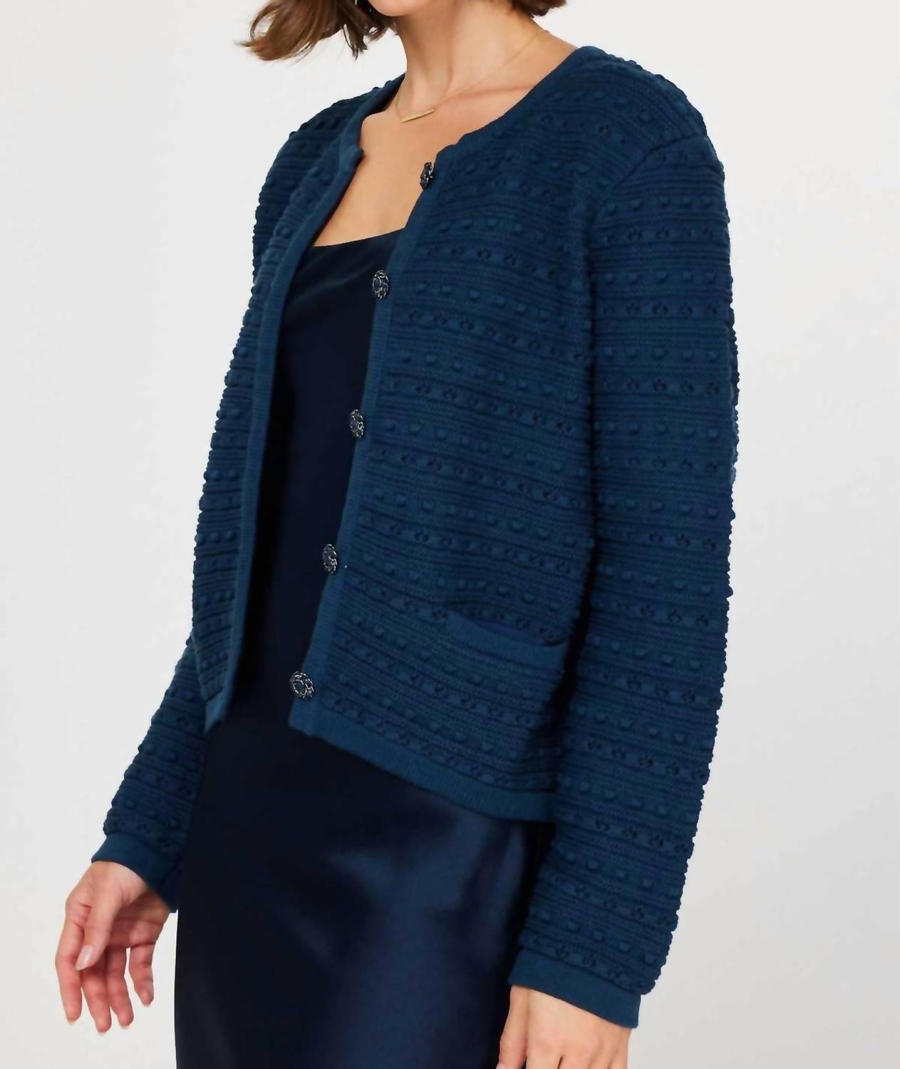 Nyland Rose Long Sleeve Cardigan With Pockets Top in navy - women's cardigan - detail view