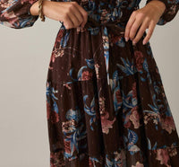 Gilli - Round Neck Long Sleeve Button Up Waist Tie Floral Midi Dress