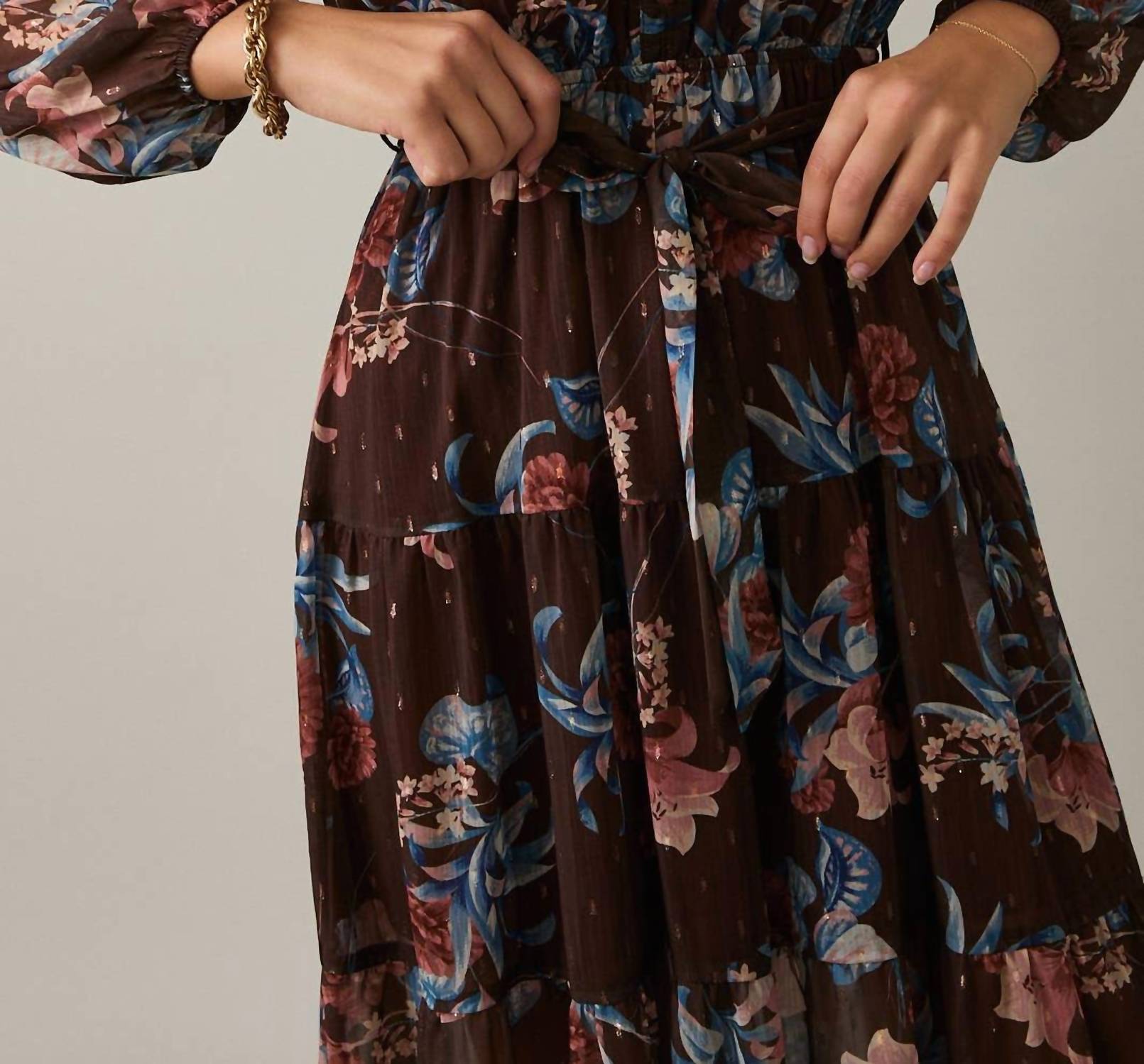 Gilli - Round Neck Long Sleeve Button Up Waist Tie Floral Midi Dress