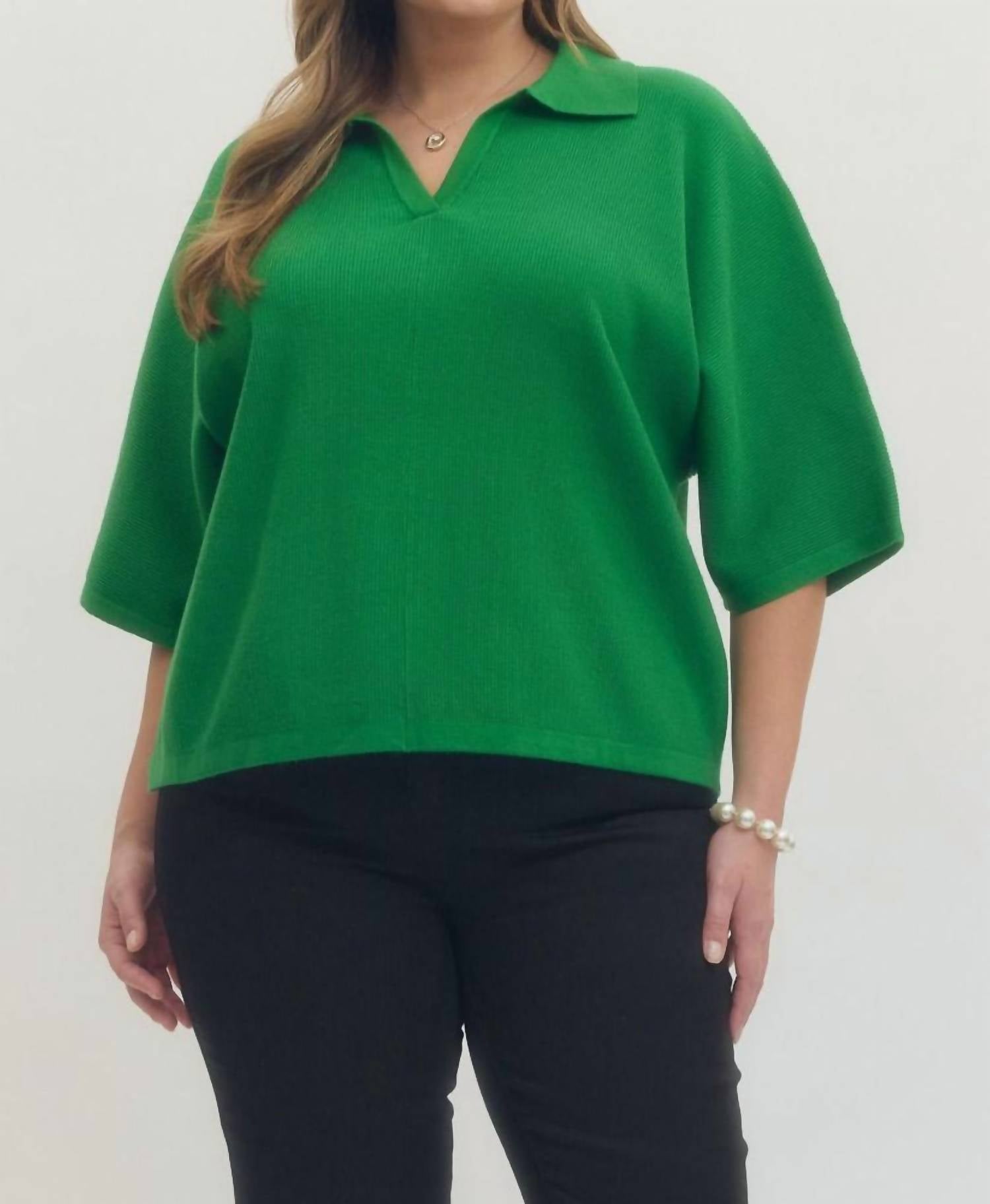 entro Solid V-neck Collared Top in green - women's blouse