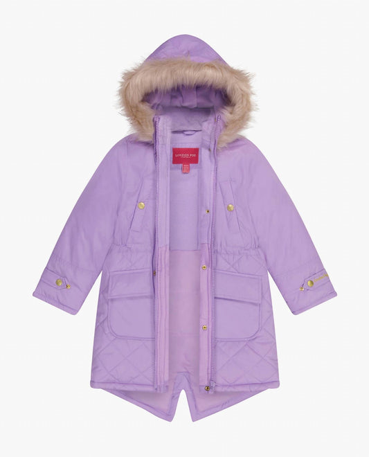 London Fog - Girls Zip-front Mid Cinch Quilted Parka With Fur Trimmed Hood