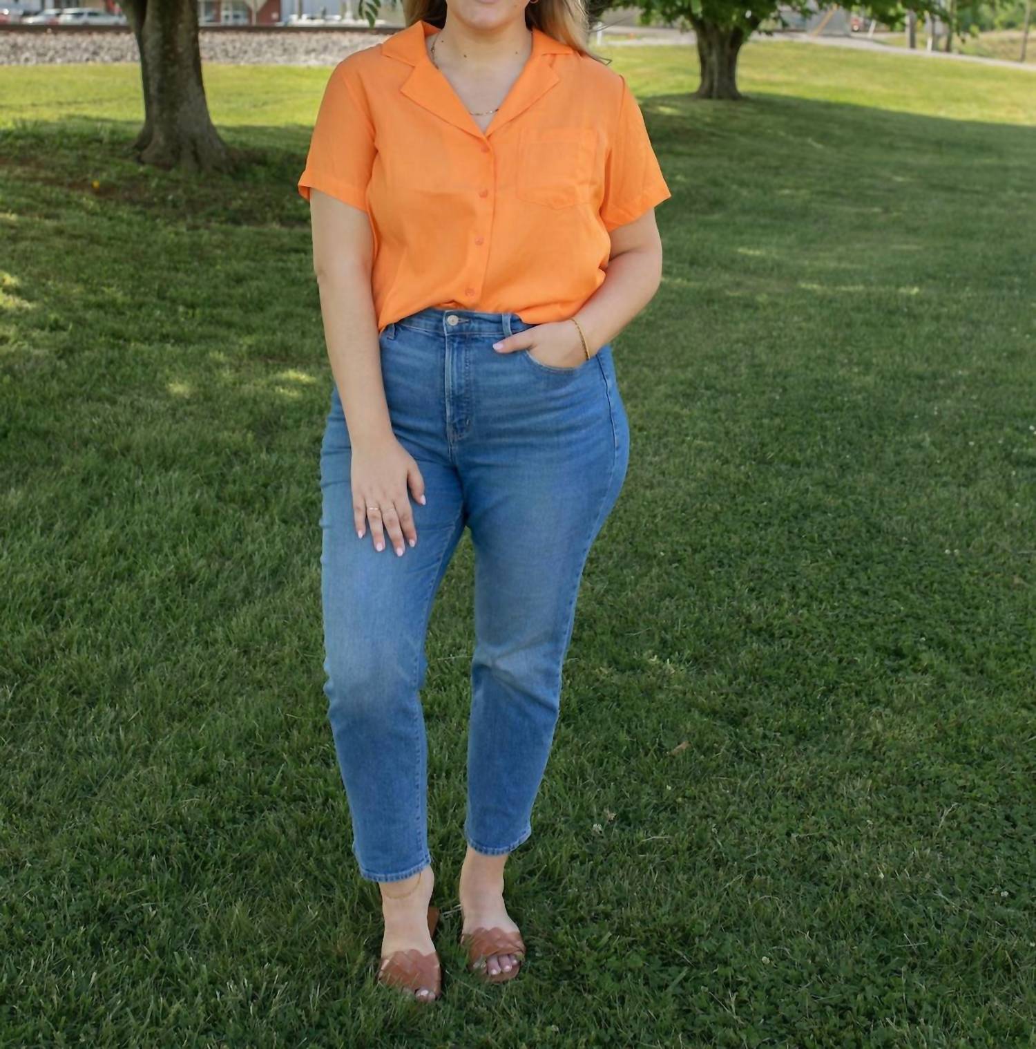 Vine & Love Sunsets Collared Blouse in orange - women's blouse - alternate view