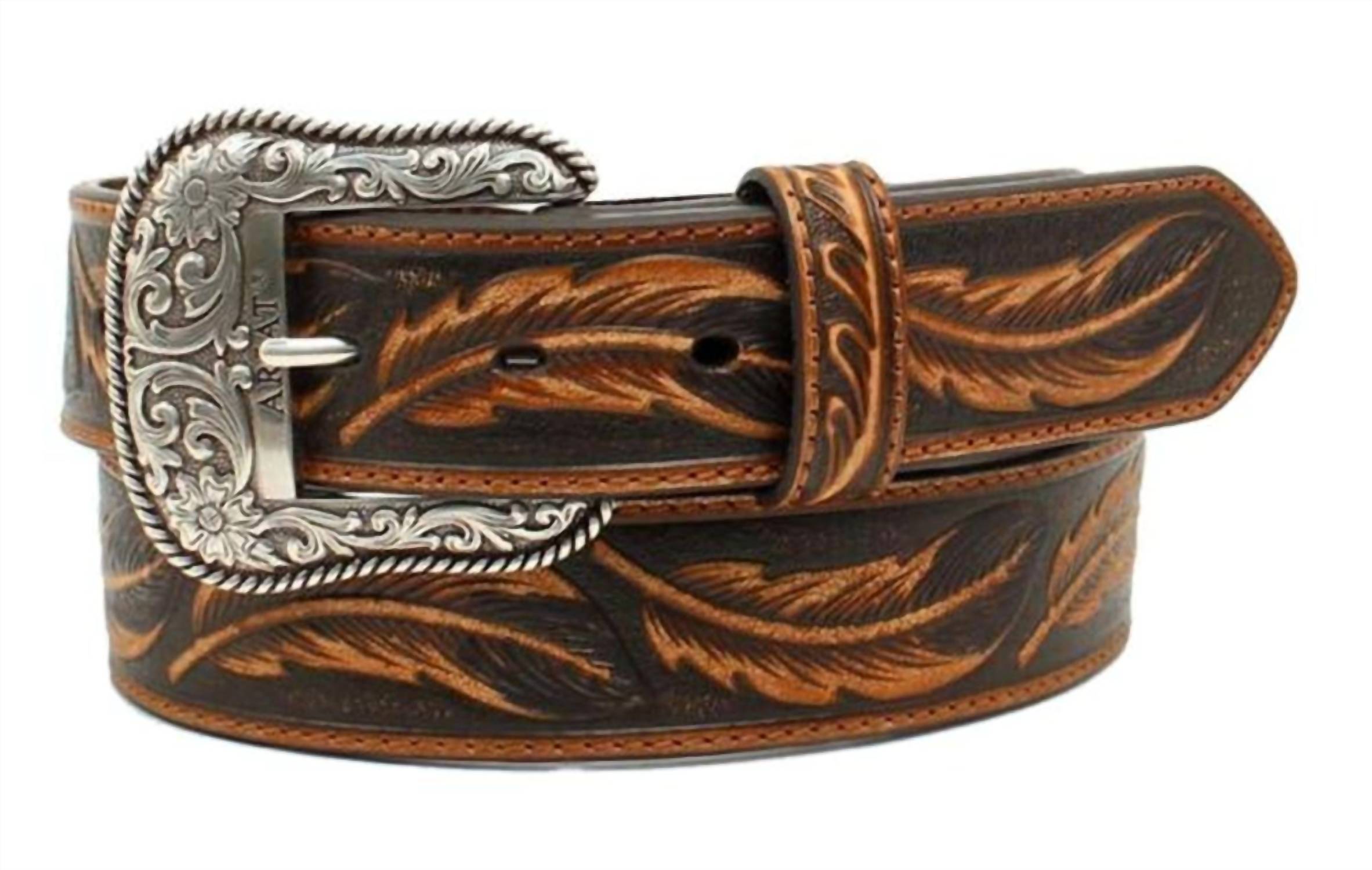 ARIAT Men's Hand Tooled Feather Leather Western Belt in brown - men's accessory
