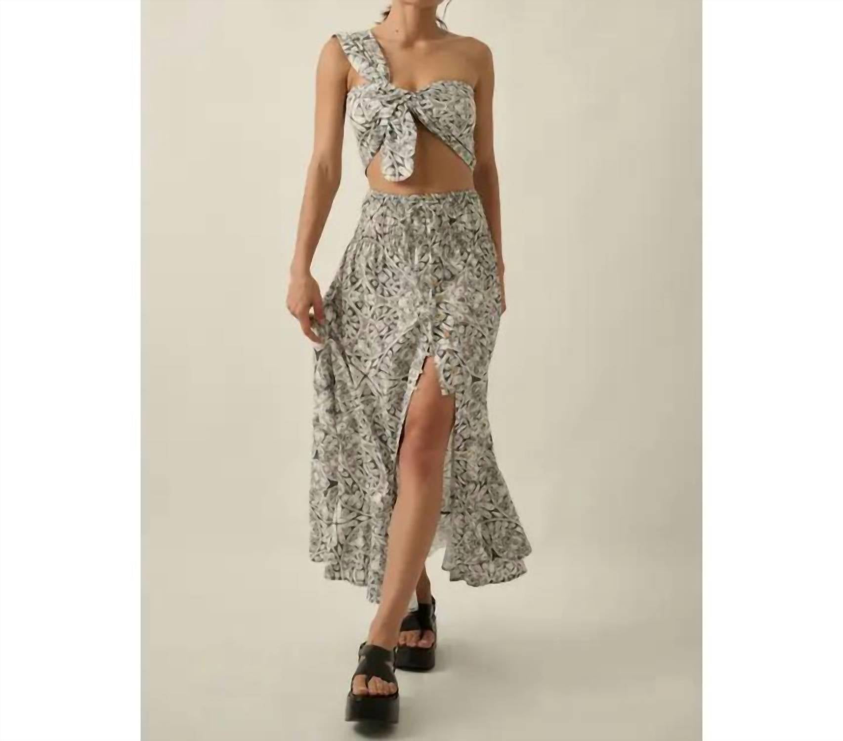 PROMESA Abstract Floral Smocked Half-Button Drawstring Maxi Skirt in midnight - women's skirt