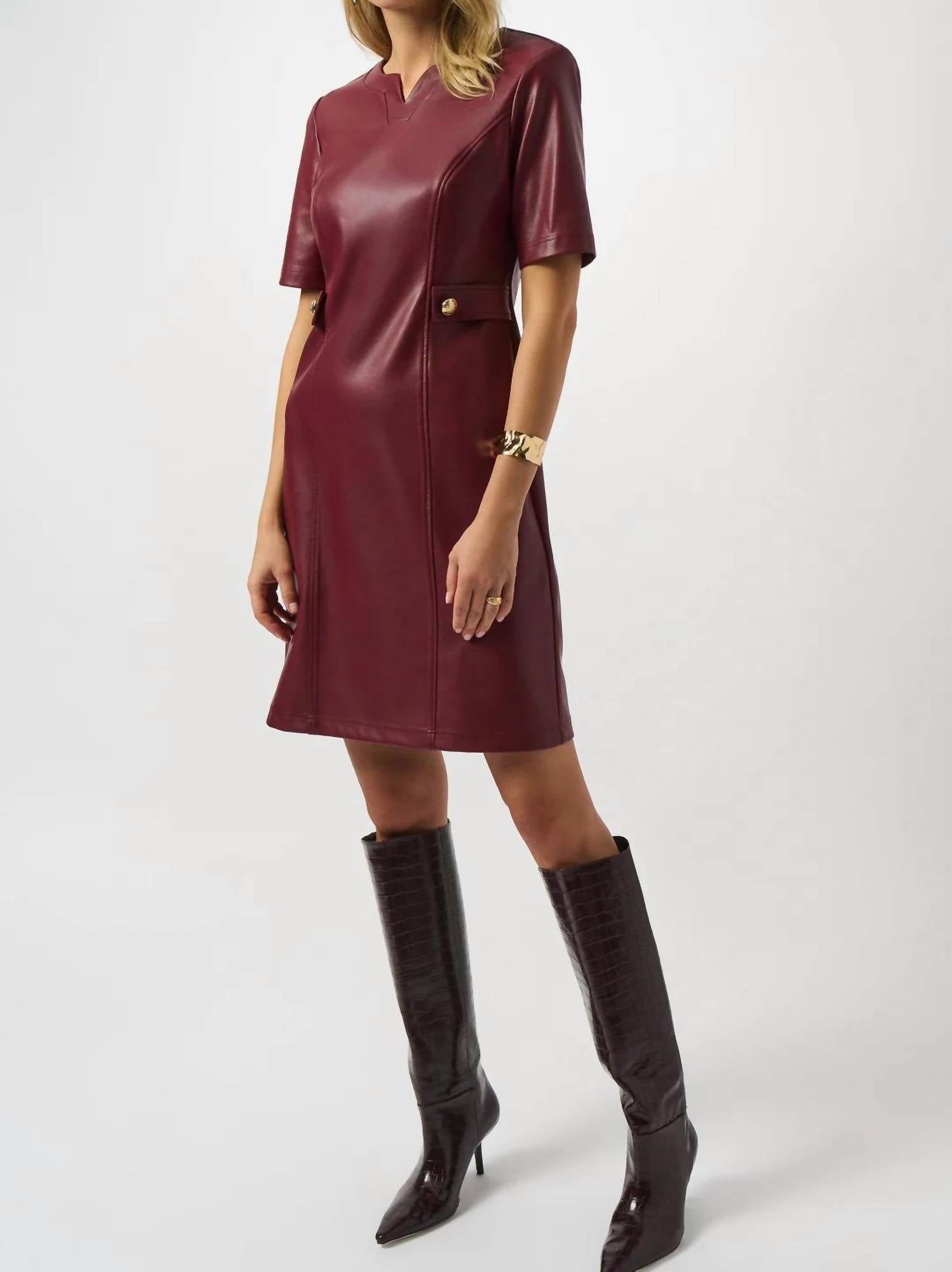 Joseph Ribkoff Leatherette Short Sleeve A-line Dress in merlot - women's dress