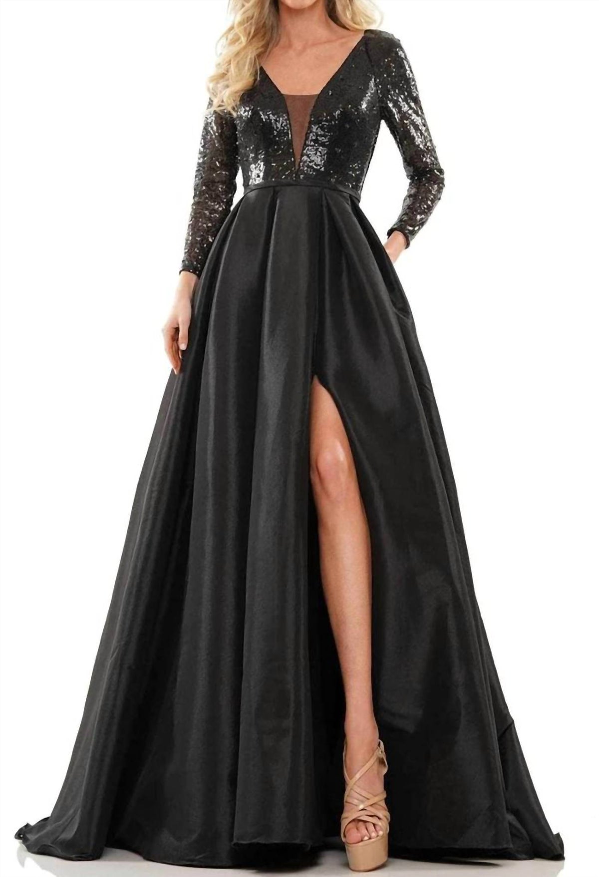 Colors Dress - Sequined Top Pleated A-line Slit Gown