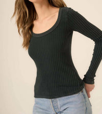 PROJECT SOCIAL T Rae Scoop Neck Long Sleeve Tee in mw midnight pine - women's long sleeve top - detail view
