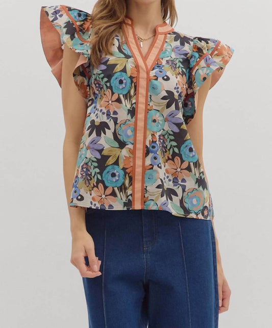 Entro - Floral Flutter Ruffle Sleeve Top