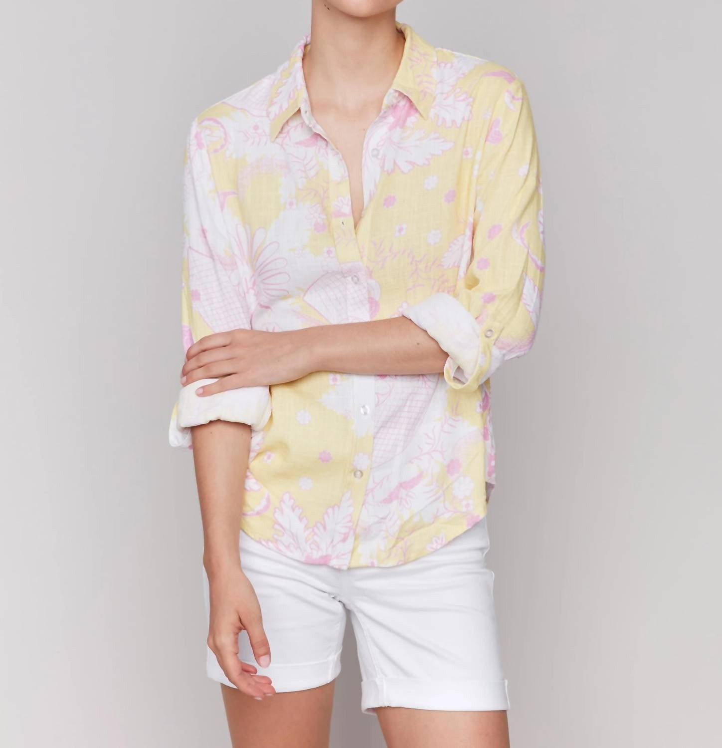 Charlie B - Button Front Top With Tab Sleeve