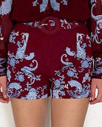 HEMANT & NANDITA Hiba High Waist Shorts in merlot - women's shorts - detail view