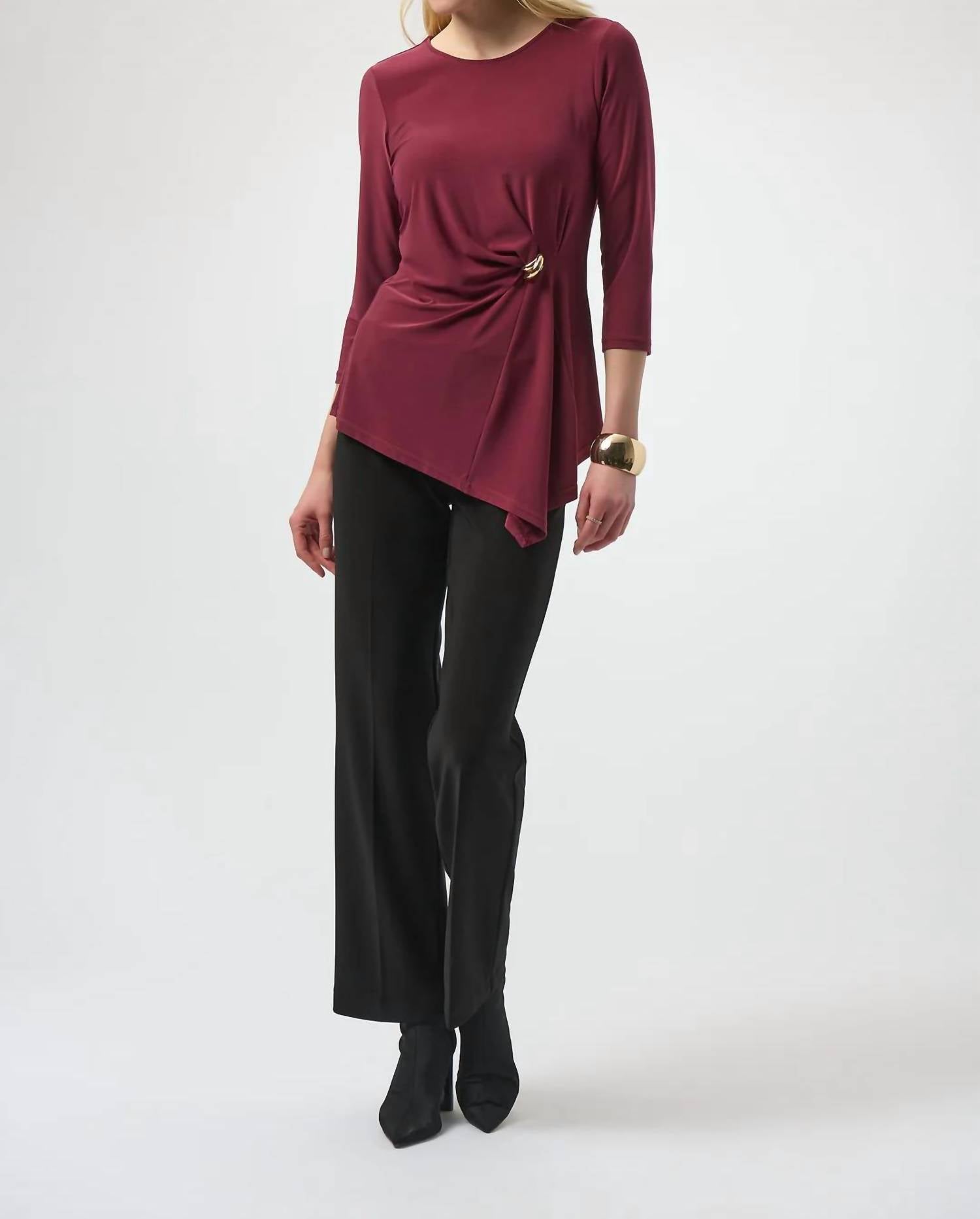 Joseph Ribkoff Scoop Neck 3/4 Sleeves Asymmetrical Top in merlot - women's blouse