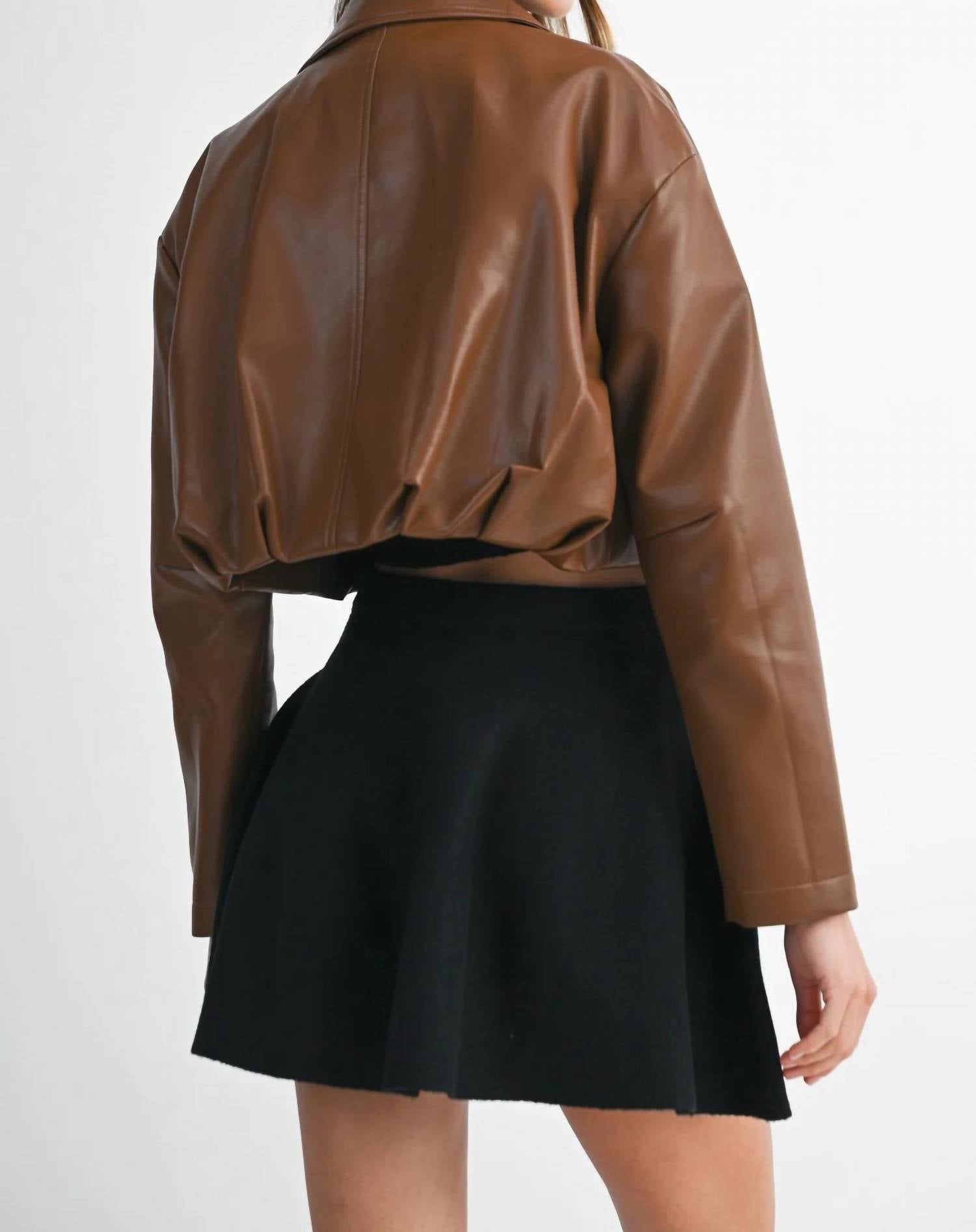 Mable - Faux Leather Collar Pleated Bubble Hem Crop Jacket