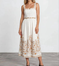 Moon River - Sleeveless Floral Detail Split Neck Midi Dress