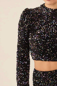 Idem Ditto - Velvet Sequins Long Sleeve Crop Top