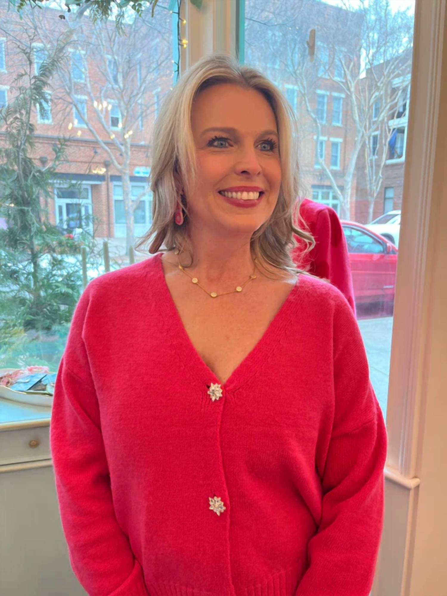 Vine & Love - V-neck Jeweled Button Accent Cardigan