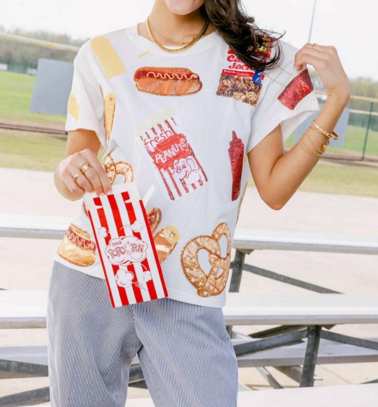 QUEEN OF SPARKLES Ballpark Food Tee in white - women's t-shirt