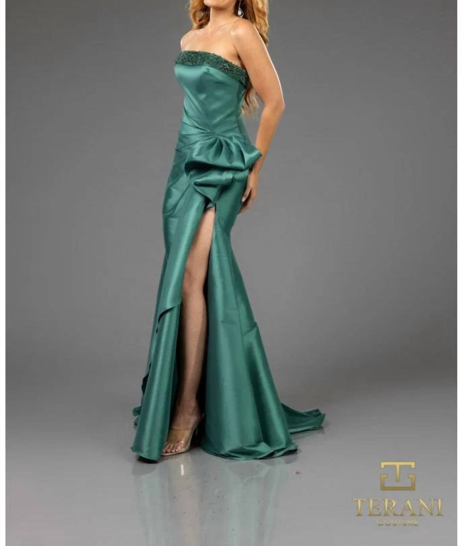 Terani Couture - Glamorous Evening Strapless Beaded Long Stretch Mikado Dress