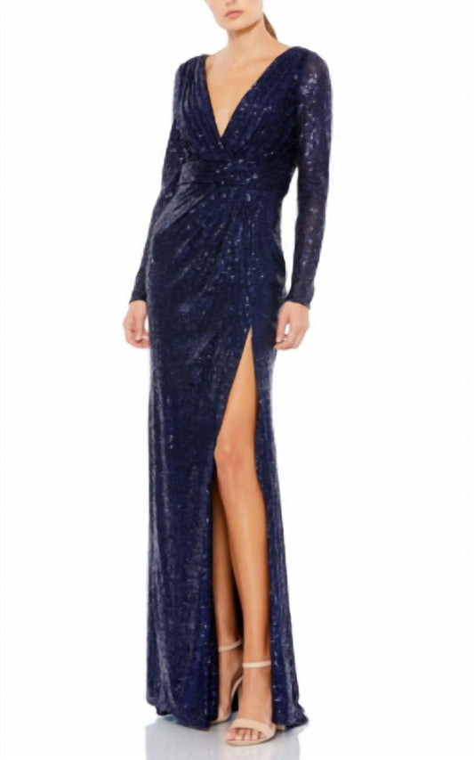 Mac Duggal - Sequin Long Sleeve Gown With Plunging Neckline