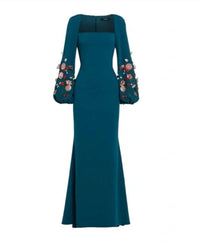 Badgley Mischka - Fluted Floral-Appliqued Crepe Dress