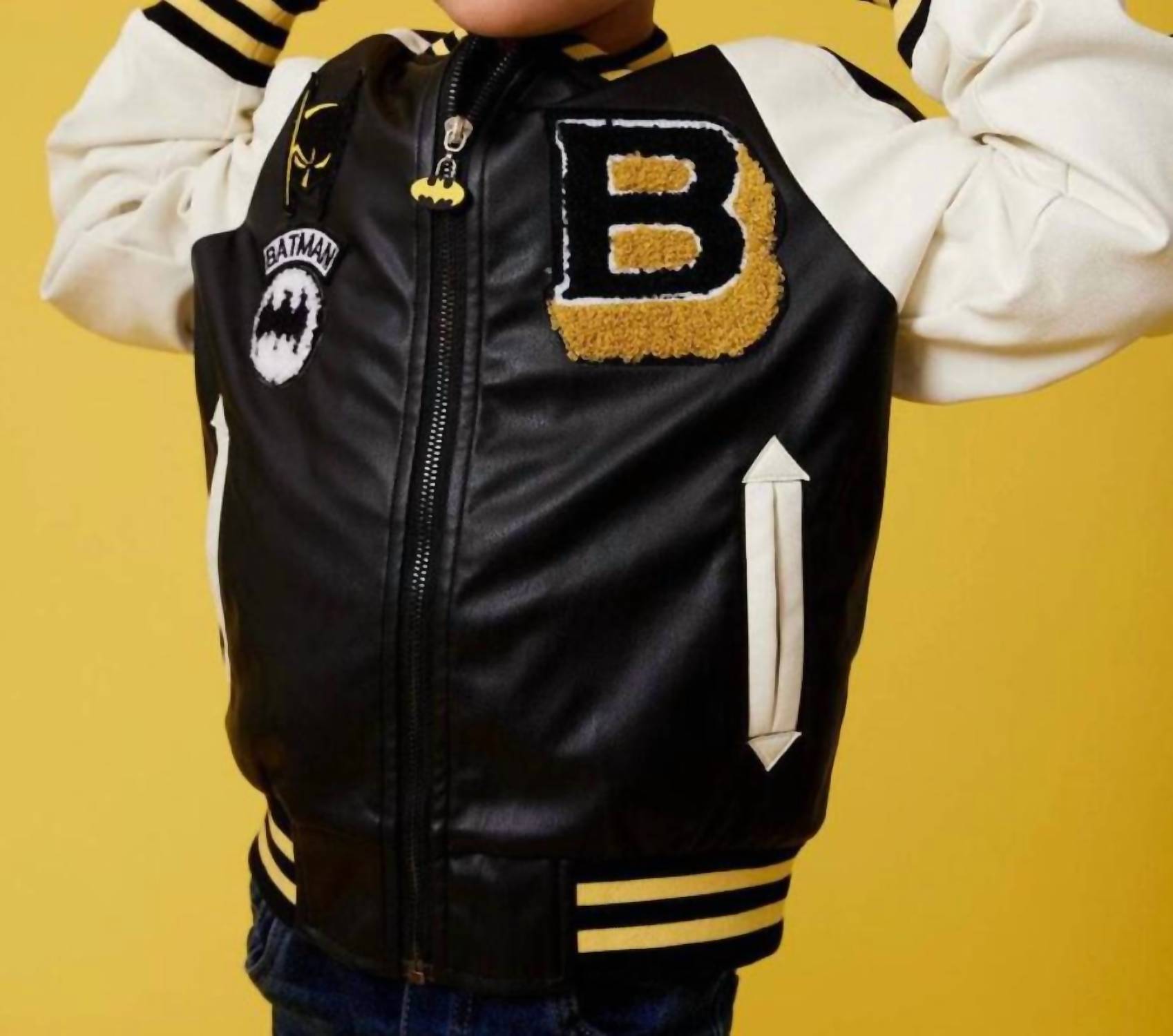Lola + The Boys Boy's Batman-patched Leather Jacket in black - item - alternate view