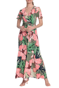LONDON TIMES Floral Print Ruffle Cold Shoulder Front Slit Maxi Dress in green coral - women's dress