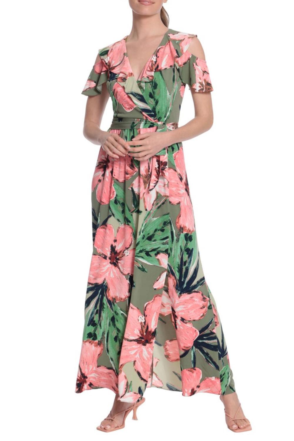 LONDON TIMES Floral Print Ruffle Cold Shoulder Front Slit Maxi Dress in green coral - women's dress