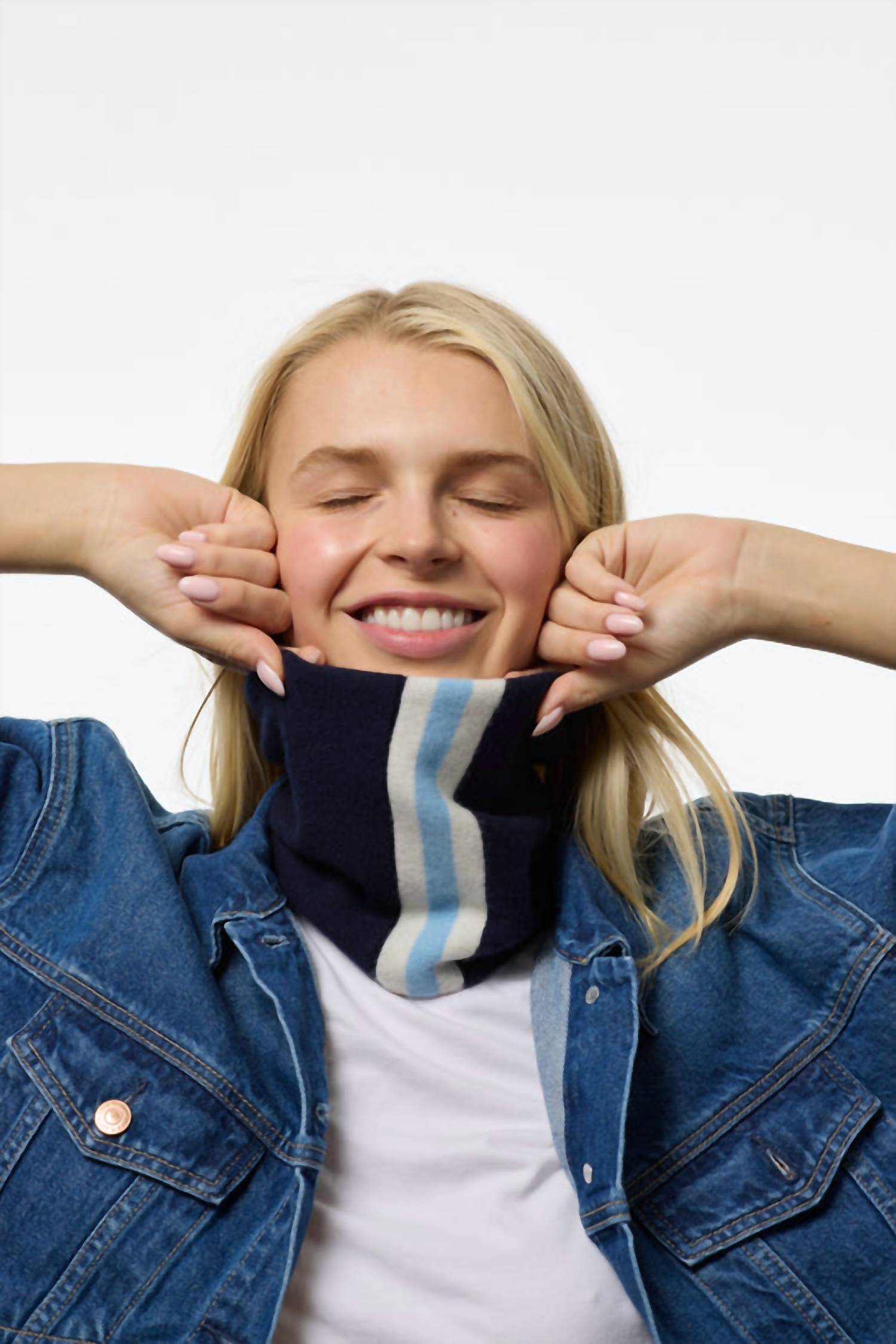 Powder Puff Collection Women's Cashmere Gaitor Neck Warmer in navy and cream stripe - women's scarf - alternate view