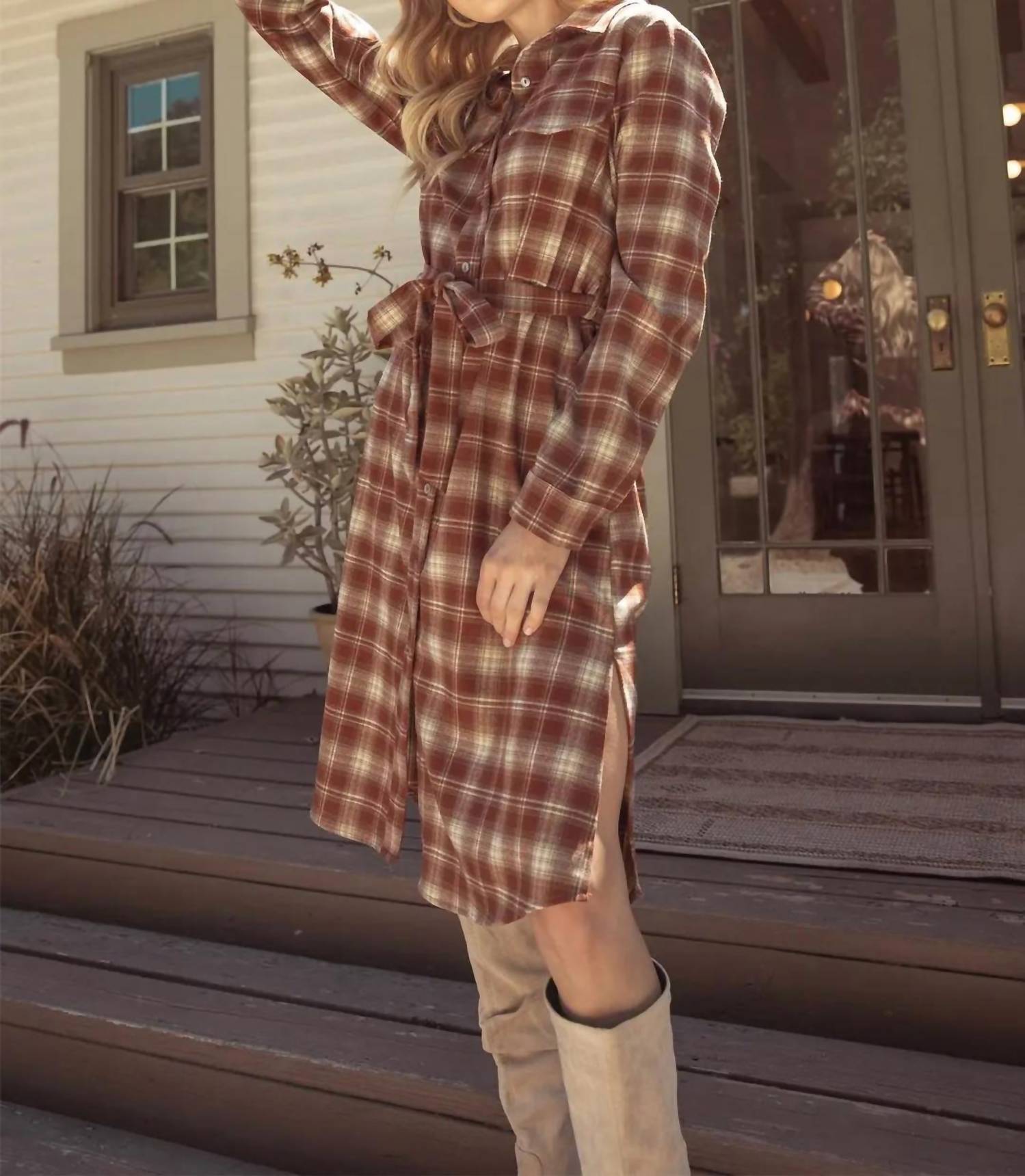 SHE + SKY Long Sleeve Midi Shirt Dress in chestnut plaid - women's dress - alternate view
