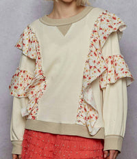 POL Floral Ruffle Round Neck Thermal Knit Top in cream - women's sweater
